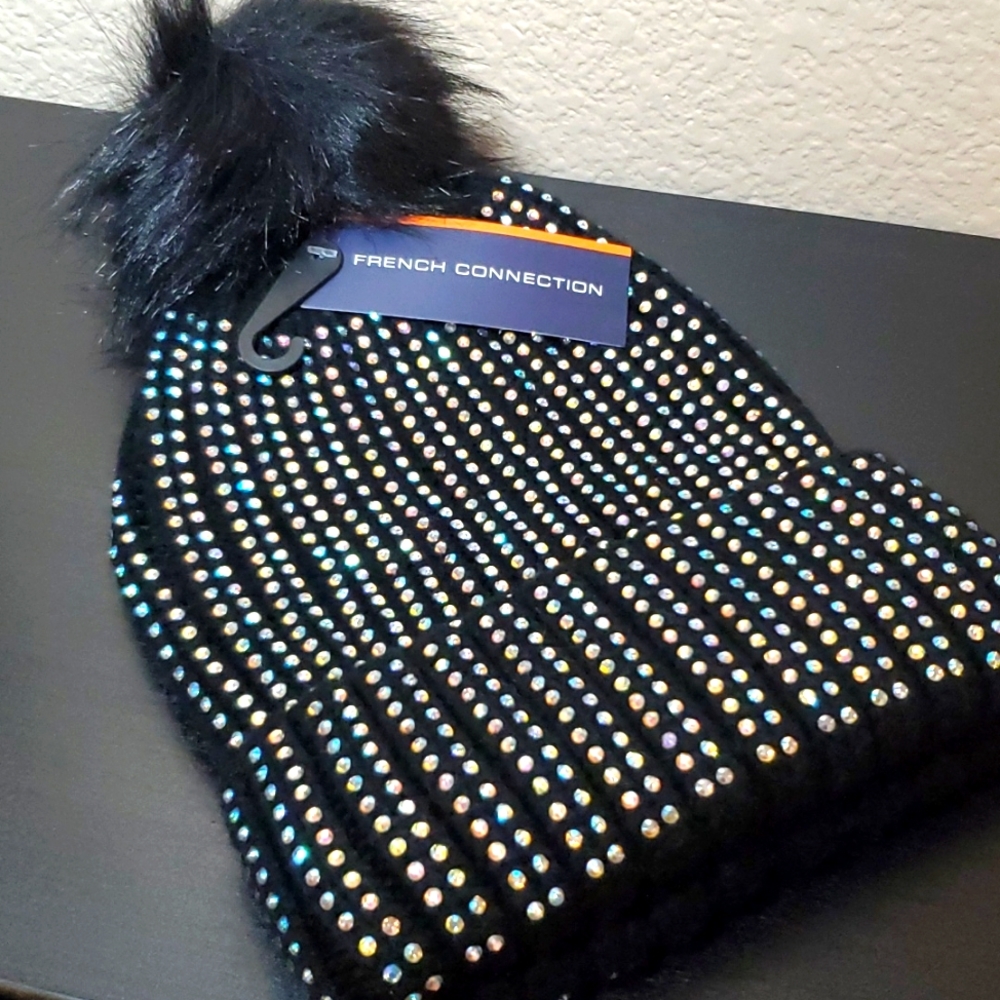 French Connection Black w/Iridescent Rhinestones Pom Beanie